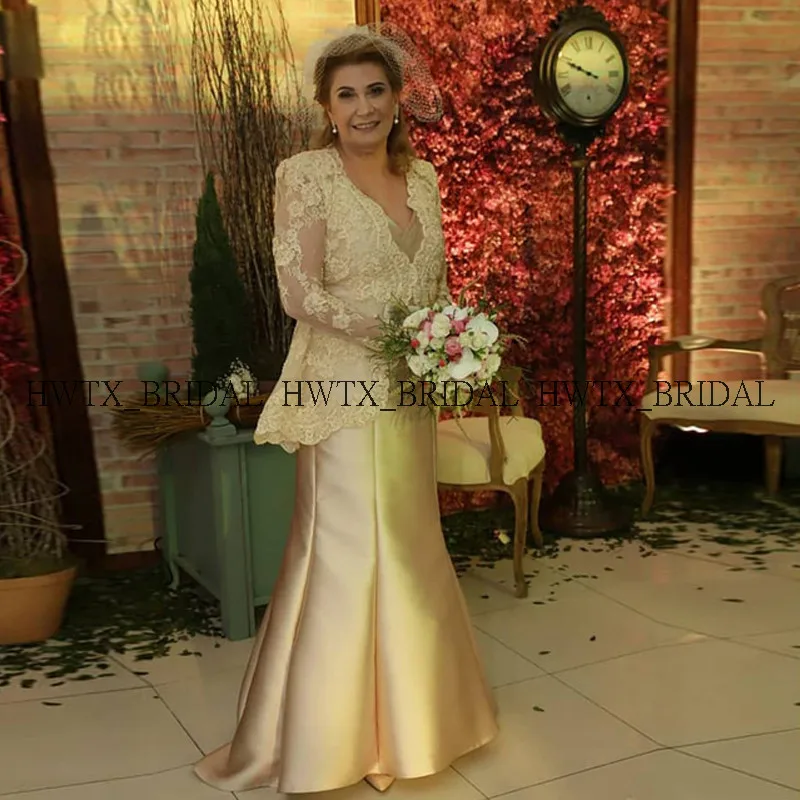 

Elegant Champagne Mother of The Bride Dresses With Lace Appliques Long Sleeves 2020 New Satin Mermaid Women Formal Evening Gowns