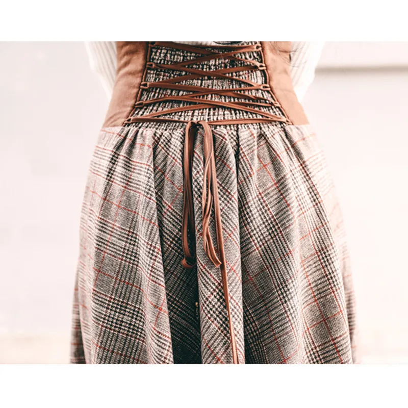 French Chic Vintage High Waisted Button Design Back Lace-Up Corset Skirt Women Autumn Winter Thick A-Line Long Maxi Wool Skirts 5