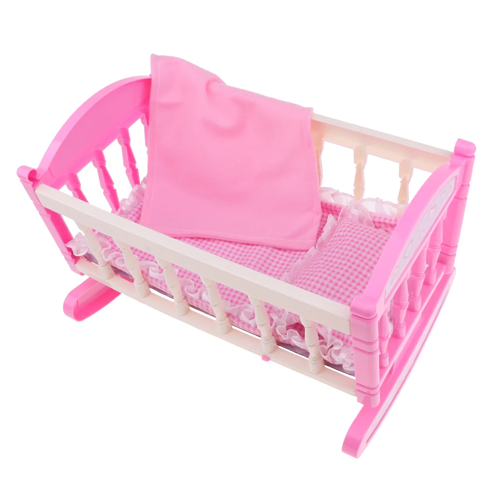NEW DOLLS ROCKING BED COT CRIB WOODEN PINK with canopy Fits Up to 50cm 19" Doll 