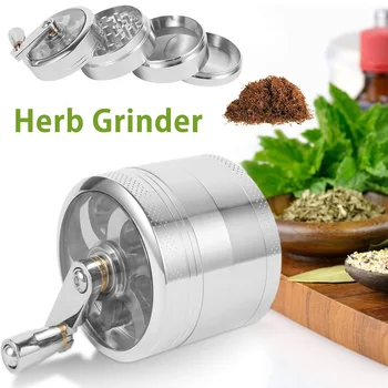 

4 Layers Zinc alloy Tobacco Grinder Herb Weed Grinder With Mill Handle Silver Color Smoke Grinder Metal Kitchen Gadgets