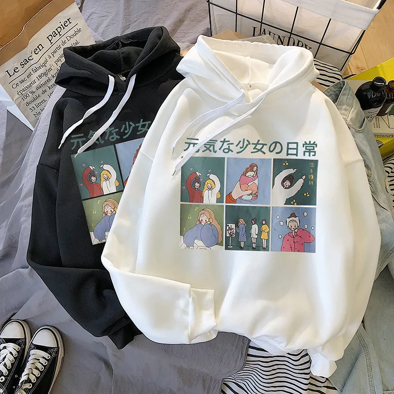 Осенние и зимние новые печати ленивый ветер BF Harajuku свитер с капюшоном, свитер с длинными рукавами, женская Свободная Женская толстовка WGNVWY47