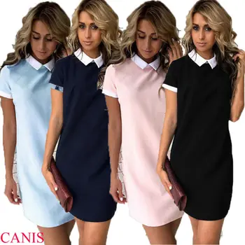 

New Fashion Womens Plain Bodycon Short Sleeve Solid Casual Ladies Stretch Turn-down Collar Summer Mini Dress