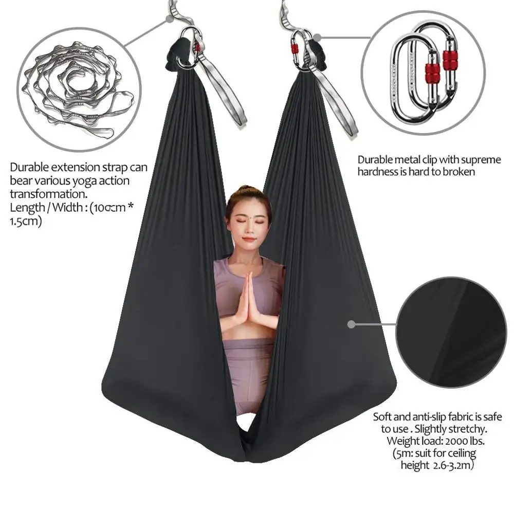 ( Best Quality ) Chinlon Aerial Yoga Anti-Gravity Hammock Pilates Swing Kit with Extension Straps Daisy Chain Locking Carabiner