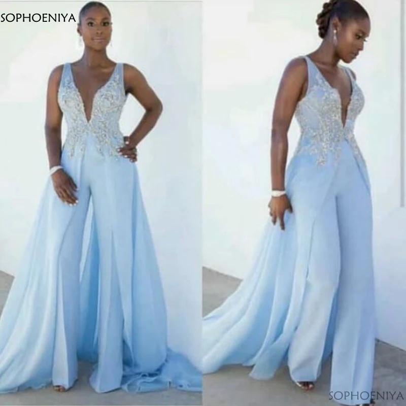 Jumpsuit Biru Langit Kerah V Baru 
