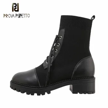 

Prova Perfetto All-match Women Ankle Boots Leather Round Toe Square Heel Thick Bottom Cross-tied Plush Party Sexy Martin Boots