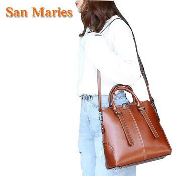 

San Maries Classic Pure Color Women Oil Wax Cowhide Leather Tote Bags Female Top-handle Handbag Fashion Crossbody Shell Bag