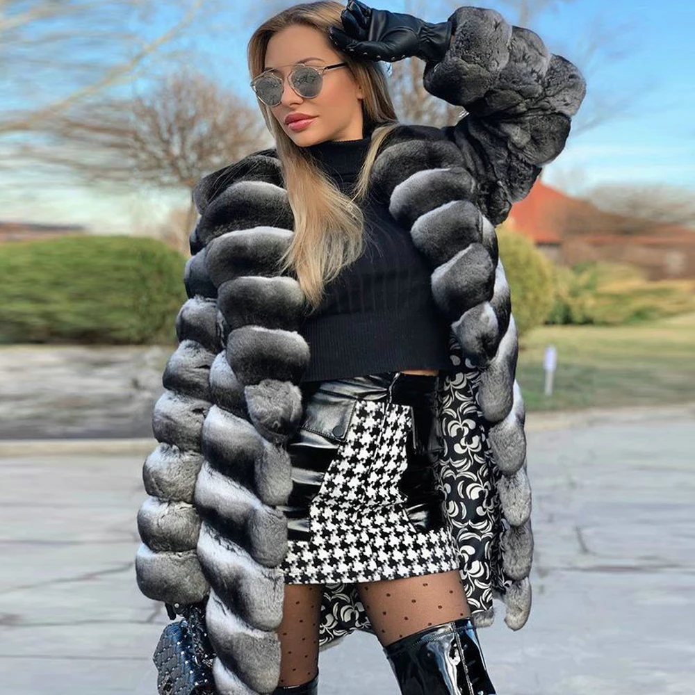 Natural Women Rex Rabbit Fur Coat Winter 2022 New Full Pelt Genuine Rex Rabbit Fur Coats with Turn-down Collar Trendy Overcoats
