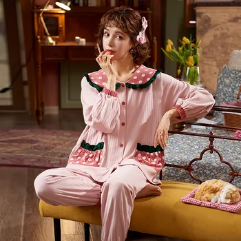 

Autumn Winter Sweet Cute Pajamas Cardigan Solid Polka Dot Print Pocket Warm Pyjamas Loose Top Pants Home Nightwear Women Set