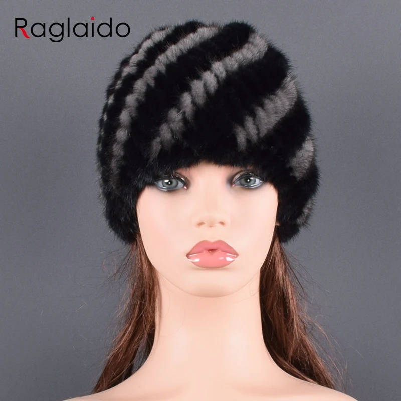 

Real Natural Mink Hats for Women Winter Knitting Ear Warm Two-color Match Cap Cross-weave With New Fashion fur hat