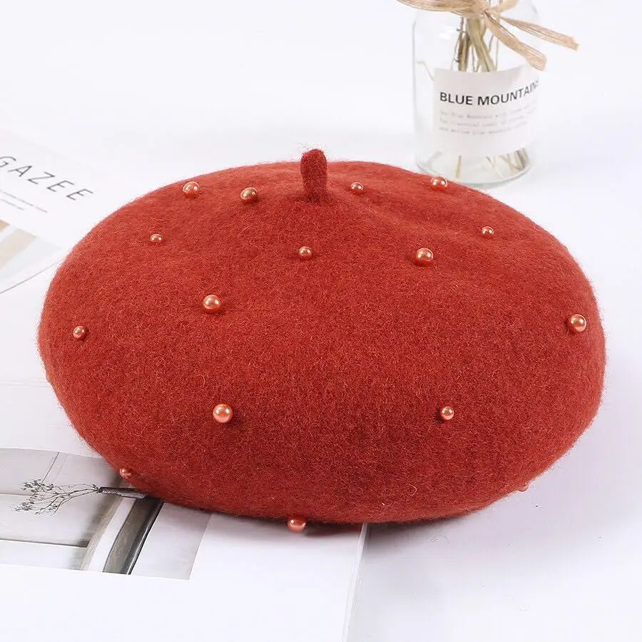 Brick red Autumn and winter new beret starry pearl beret pumpkin cap french hats women boina beret hat boinas para mujer french hat - Цвет: Brick red
