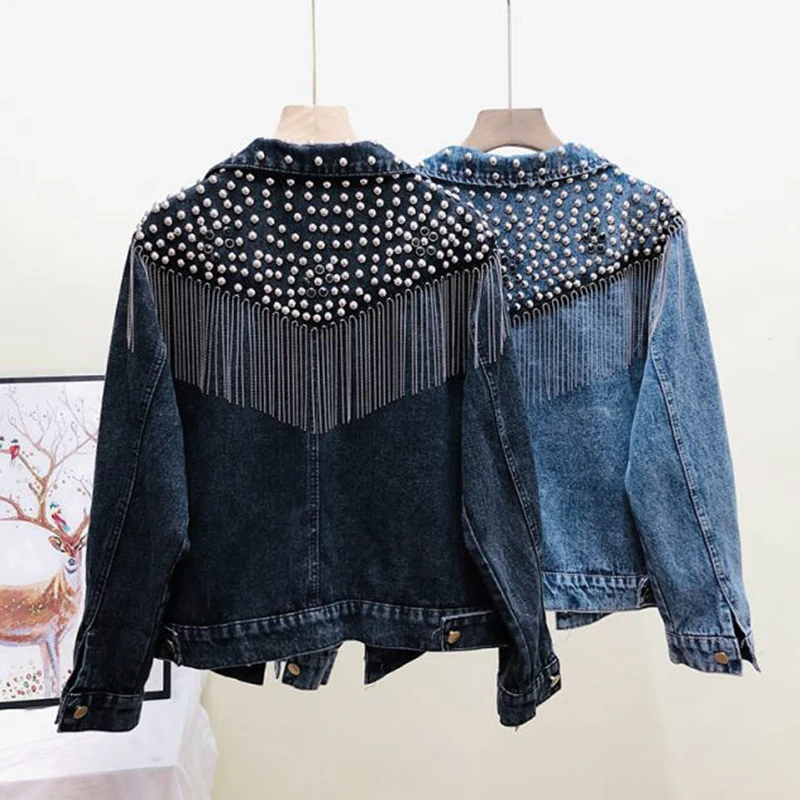 Chaquetas Mujer, осень, уличная одежда, джинсовая куртка для женщин, ручная работа, заклепки, кисточка, цепь, короткая джинсовая куртка, свободные черные пальто