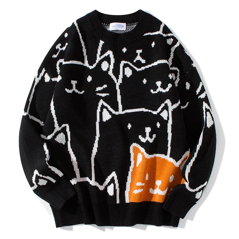 Streetwear Cartoon Cat Sweater Women Korean Round Neck Knit Pullover Female Top Student Hip Hop Casual Jumper Mujer Unisex | Женская