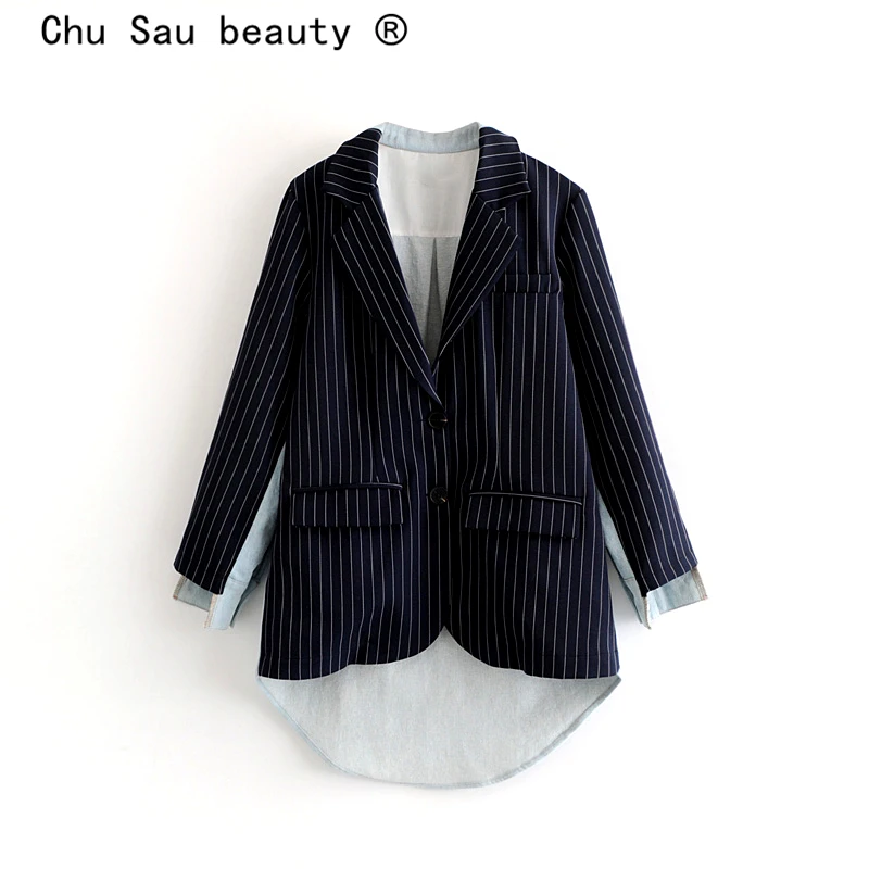 Chu Sau beauty Повседневный шикарный винтажный джинсовый Плетеный блейзер в полоску для женщин офисные женские костюмы с двумя карманами Feminino Chaqueta Mujer