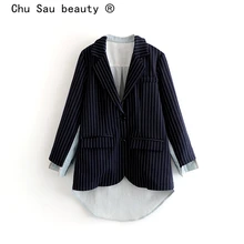Chu Sau beauty Повседневный шикарный винтажный джинсовый Плетеный блейзер в полоску для женщин офисные женские костюмы с двумя карманами Feminino Chaqueta Mujer