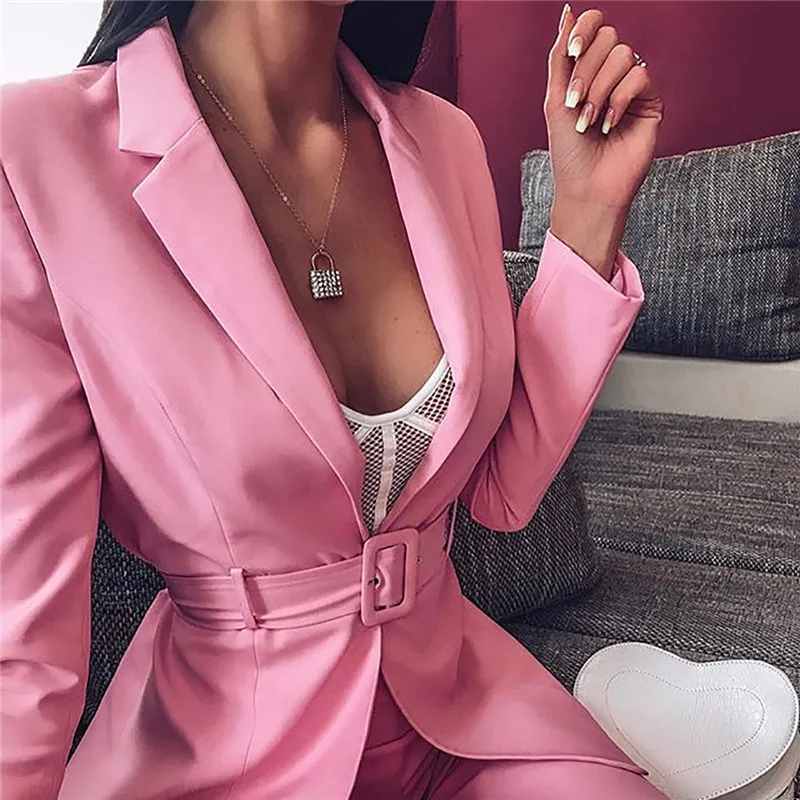 ZHYMIHRET осенний неоновый цвет Блейзер и шорты женский комплект из 2 предметов с поясом Элегантный женский офисный жакет шорты костюм женский комплект - Цвет: Розовый