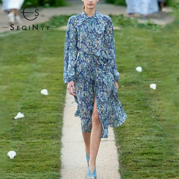 

SEQINYY French Style Dress 2020 Summer Spring New Fashion Design Women Long Sleeve Flowers Blue Print Straight Slim Midi Dress