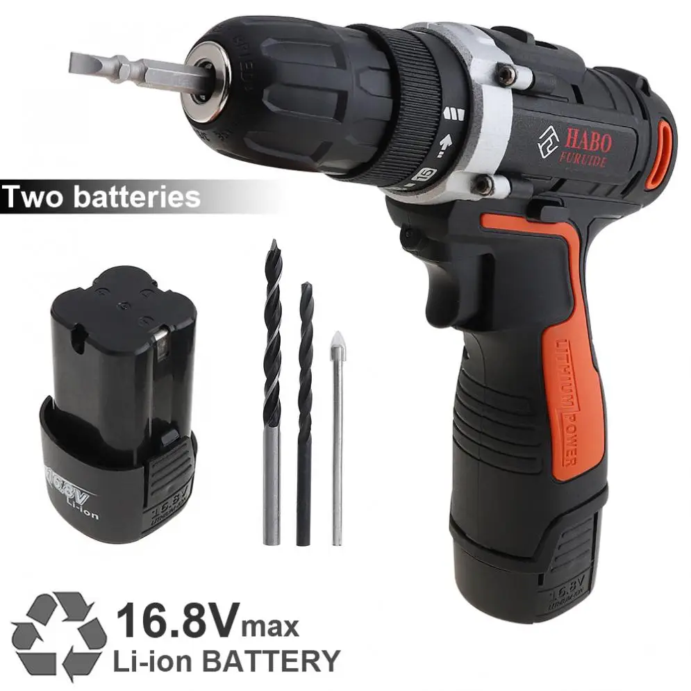 AC 110- 240V Cordless 16.8V Electric Drill /Screwdriver with 2 Li-ion Batteries and Two-speed Adjustment Button Handling Screws