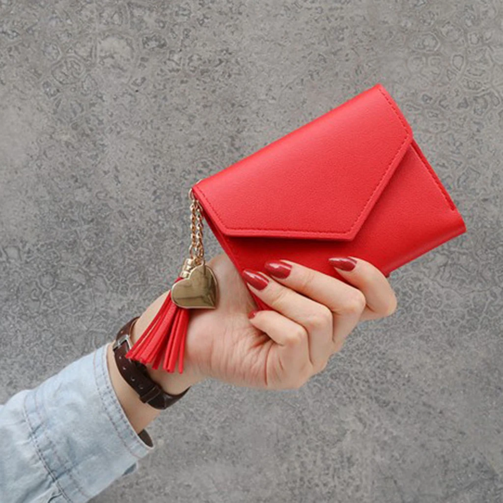 Women Simple Short Wallet Tassel Coin Purse Card Holders Handbag Red