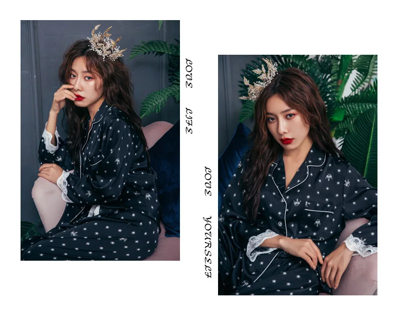 cute pajamas for women JULY'S SONG Satin Women's Pajamas Sets Lace Crown Star Print Elegant Sweet Lady Faux Silk Long Sleeve Summer Spring Sleepwear cotton pyjama set