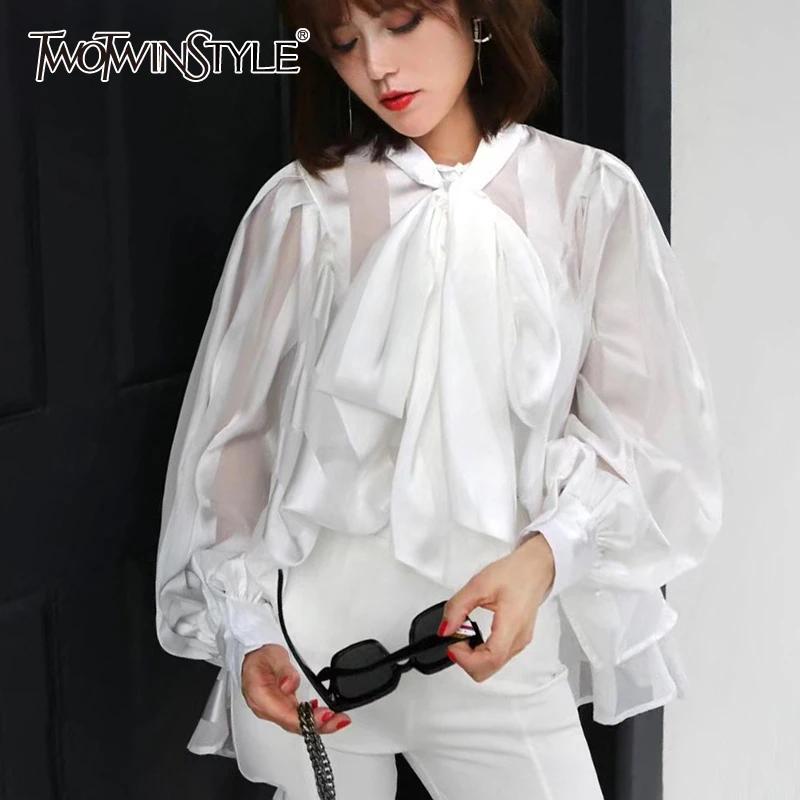 TWOTWINSTYLE шифоновая белая женская рубашка с бантом, с круглым вырезом, со шнуровкой, с длинным рукавом, женская рубашка блузка, осенняя модная новинка