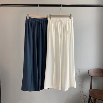 

Sherhure 2020 Women Summer Pants Pure Color Stretch Waist Women Wide Leg Straight Pants Women White Pants Female Trousers