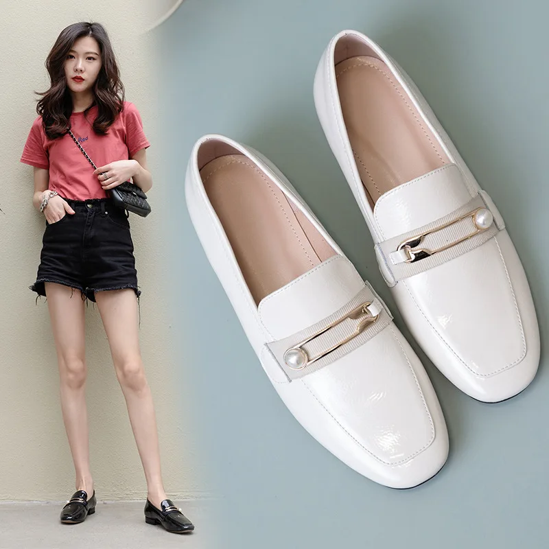 

Korean-style Soft Casual Flat Loafers 2019 Summer And Autumn New Style Square Head Single Shoes Women's Genuine Leather Brooch P
