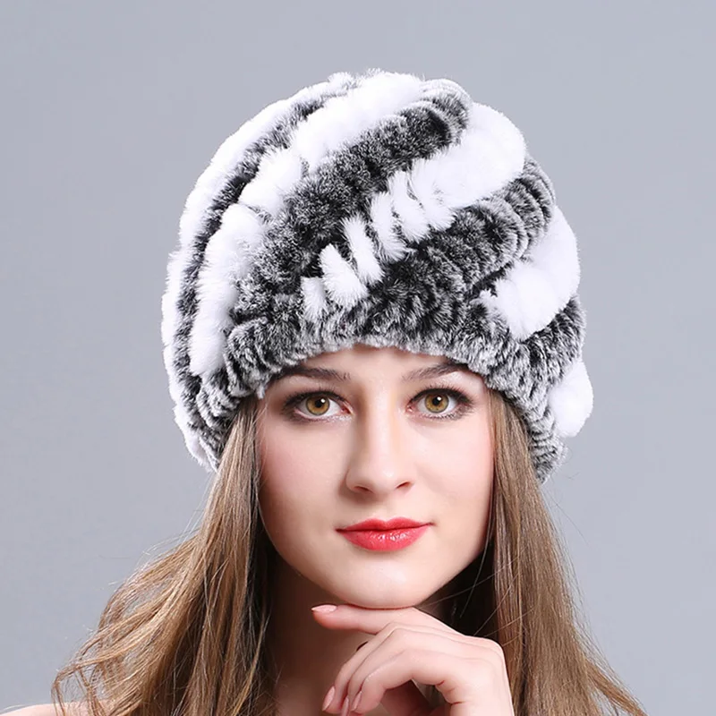 Женский природный натуральный мех, вязаная шапка,, Зимняя мода, одноцветная, толстая, теплая, защита ушей, повседневная, эластичная, шерстяная шапка, шапочки