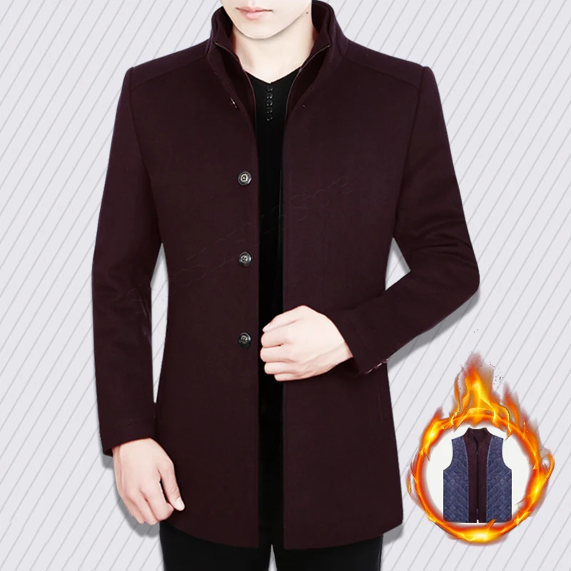 men's winter coat wool warm Single-breasted collar gray dark blue wine red cashmere Classic men's top clothes - Цвет: dark gray man coat