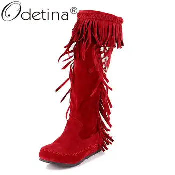 

Odetina Women Fashion Non-slip Fringe Pull On Knee High Boots Ladies Retro Winter Round Toe Faux Suede Sewing Crystal Long Boots