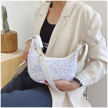 

2020 Women Fashion Sequins Shoulder Bag Ladies Stylish Shopping Daily Wear Large Capacity Solid Party Holiday Zipper Tote