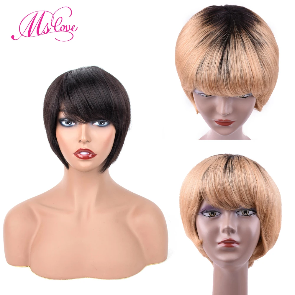 

Ms Love Short Human Hair Wigs With Bangs Straight Brazilian Wigs For Women 6 Inch Natural Black Color Non Remy