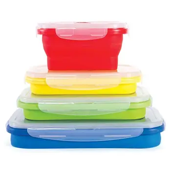 

Thin Bins Collapsible Containers-Set of 4 Silicone Food Storage Containers - BPA Free, Microwave, Dishwasher and Freezer Safe -