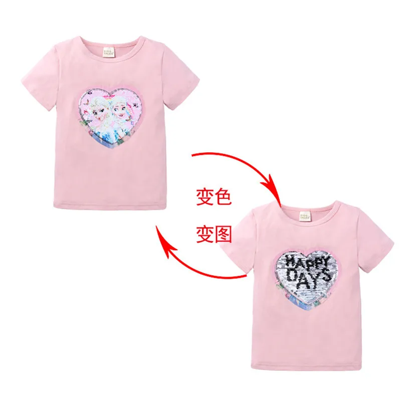 Летняя футболка для маленьких девочек с изображением Эльзы и Анны; одежда с короткими рукавами; милые детские топы принцессы с блестками; Детские повседневные футболки - Цвет: Pink one