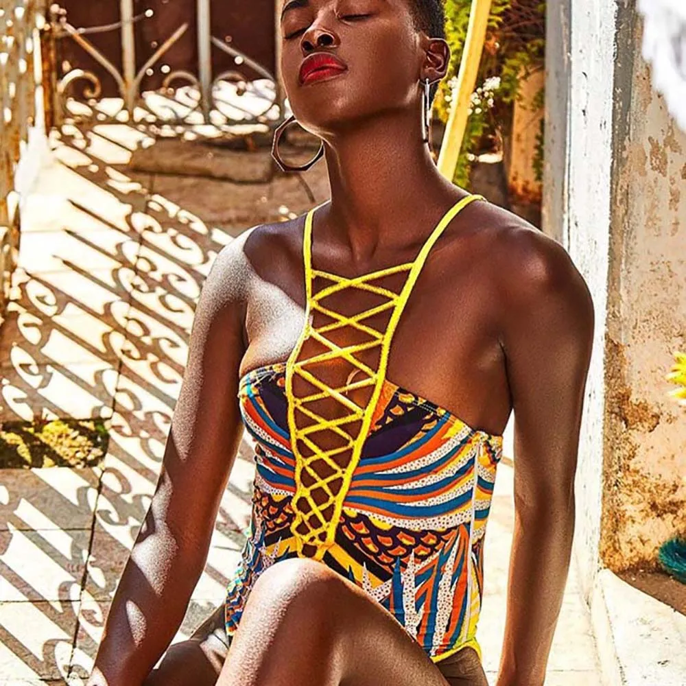 Сексуальный Африканский стиль цельный купальник женский Принт купальник шарф с цветочным принтом стринги Монокини Бразильский купальный костюм