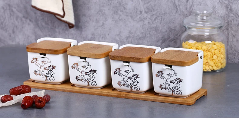 Корейский стиль сахарница домашний кухонный набор керамика соль приправа горшок банки деревянная рама