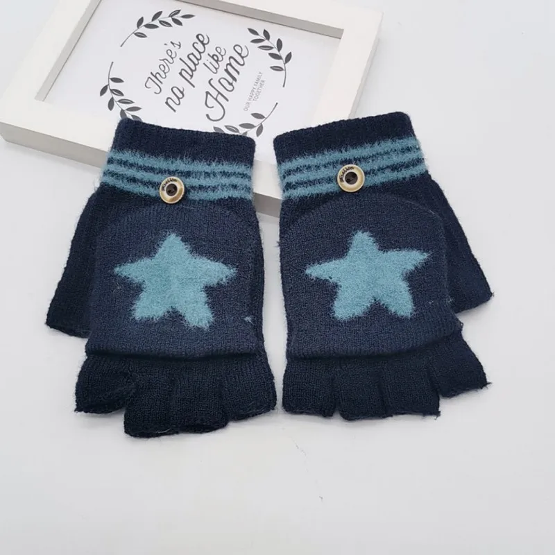 Girls Mittens Warm 8-14T Children Gloves Baby Winter Star Pattern Kids Versatile Cotton Knitted Boys Half-finger Gloves