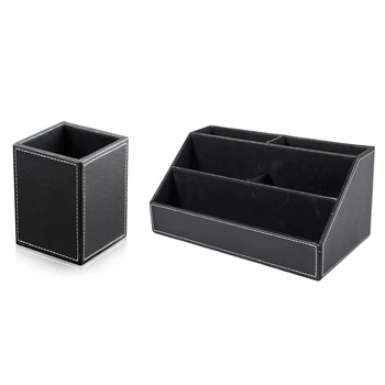 

2 Pcs PU Leather Pens Pencils Holder Desk Organizer Office Desk Container Box, 8.7X8.7X12Cm & 24X13.5X12 Cm