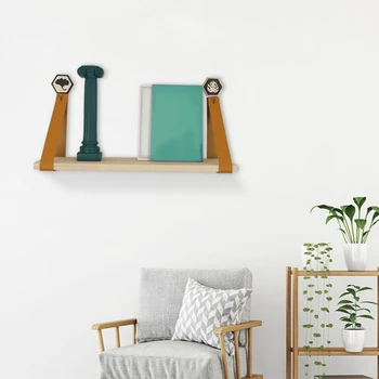 

Nordic Style Wooden Retro Hanging Rack Floating Shelf Wall Decoration Household Shelf With Leather Belt
