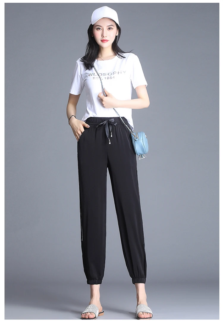 Chiffon casual pants female summer thin ice silk nine points beam feet harem pants loose and thin net yarn lantern radish pants capri leggings with pockets