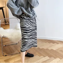 Черно-белая полосатая трикотажная юбка средней длины, Женская Осенняя зимняя шикарная длинная юбка средней длины,, Женская Повседневная Длинная юбка с рисунком зебры