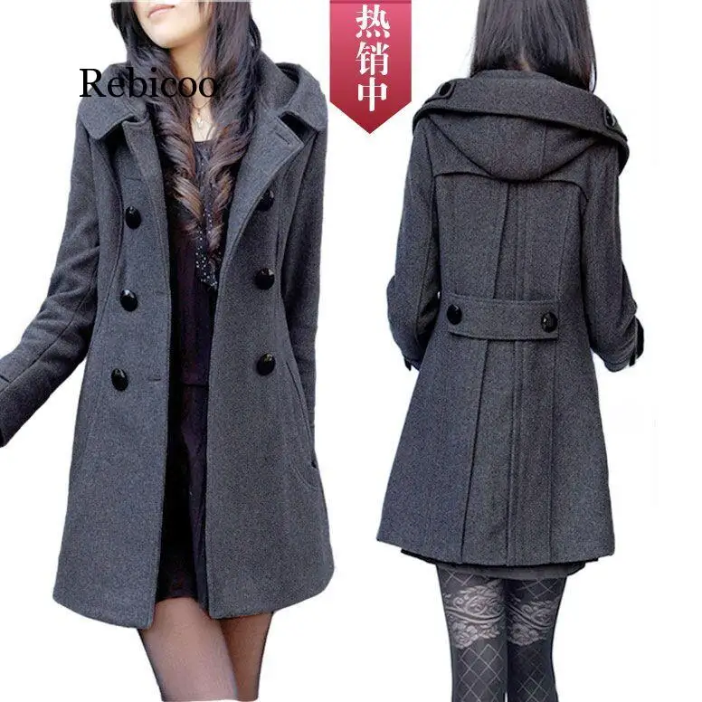 

Женская шерстяная куртка, осенне-зимнее двубортное пальто в Корейском стиле, приталенное пальто средней длины с капюшоном