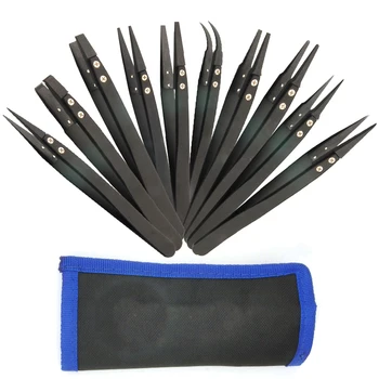 

10 PCS Precision Professional Black Stainless Steel Interchangeable Tweezers Carbon Fiber Antistatic Plastic Tweezers Set