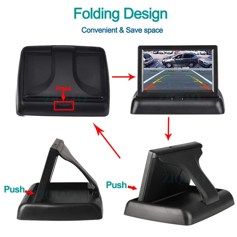 4.3 Inch Car Monitor Foldable TFT LCD Car Rear View monitor Display Parking Rearview System with 2-channel Video Input