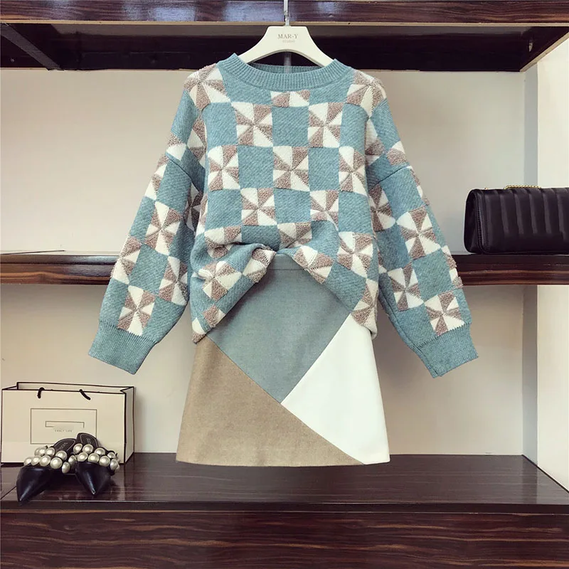 Г. Модная осенне-зимняя юбка kni комплекты из 2 предметов трикотажный пуловер с принтом свитер+ мини-юбка комплекты из двух предметов размера плюс M-4XL