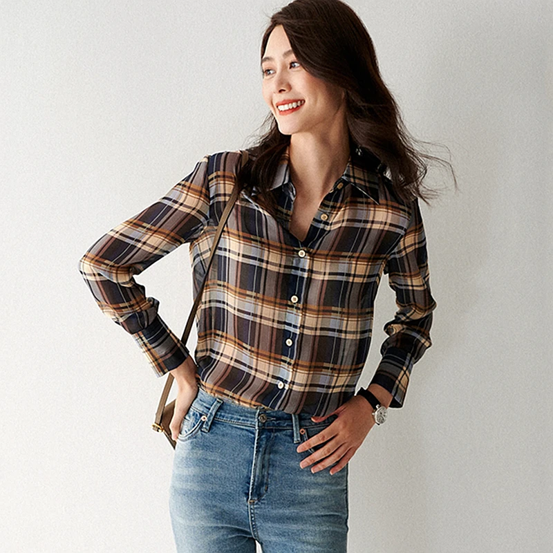 

100% Silk Blouse Women Shirt Plaid Casual Style Printed Ruffles Long Sleeves Elegant Style Simple Design Office Top New Fashion