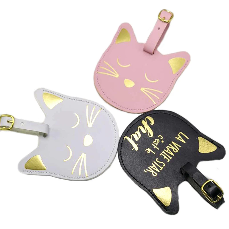Travel Accessories Cute Animal Cat Luggage Tag Women Portable PU Leather Label Suitcase ID Address Holder Women Baggage Boarding