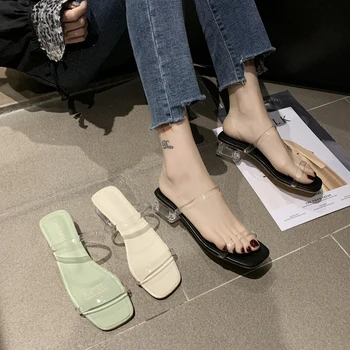 

Shoes Med Ladies' Slippers Women Heels Low Square heel Pantofle Jelly Slides Fashion Soft High Block 2020 Transparent Flat