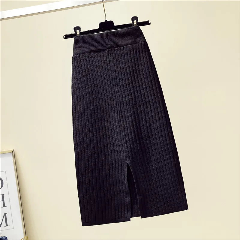 Black Skirt Осенне-зимняя трикотажная длинная юбка, однотонная женская юбка с высокой талией, разделенная облегающая Элегантная Дамская тонкая трикотажная одношаговая юбка - Цвет: Black Skirt