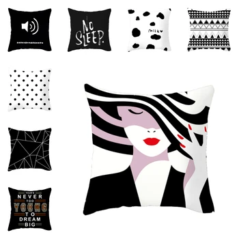 

Lychee Geometric Cushion Case 45x45cm Black And White Polyester Cushion Cover For Bedroom Letter Printed Sofa Cushion