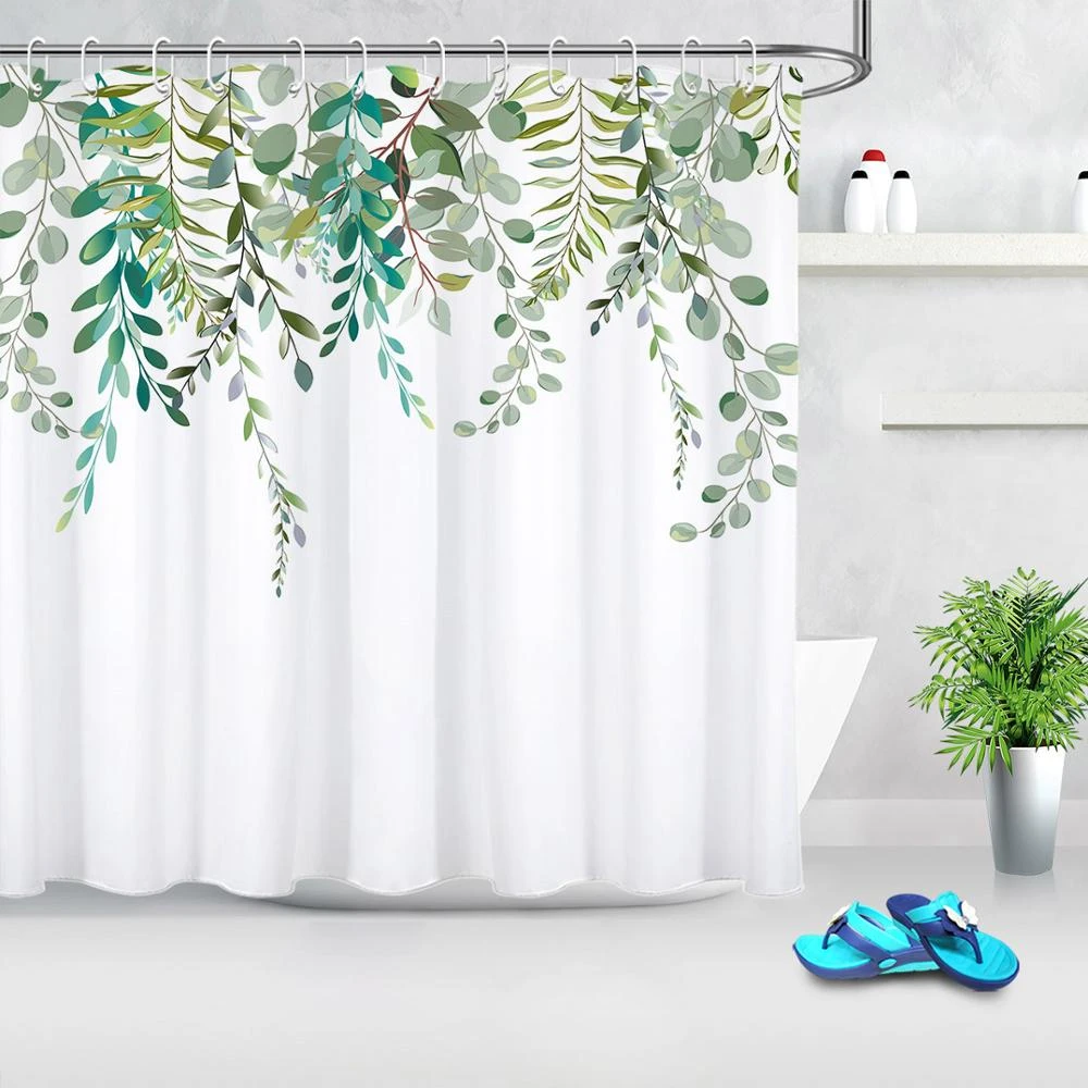 Home Decor Green Plant Leaves Print Shower Curtains Simple Elegant Curtain  for Bathroom Waterproof Polyester Fabric Bath Screens